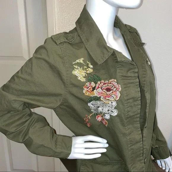 Military Green Embroidered Rose Jacket Cargo Utility Ashley by 26 International - Picture 4 of 10